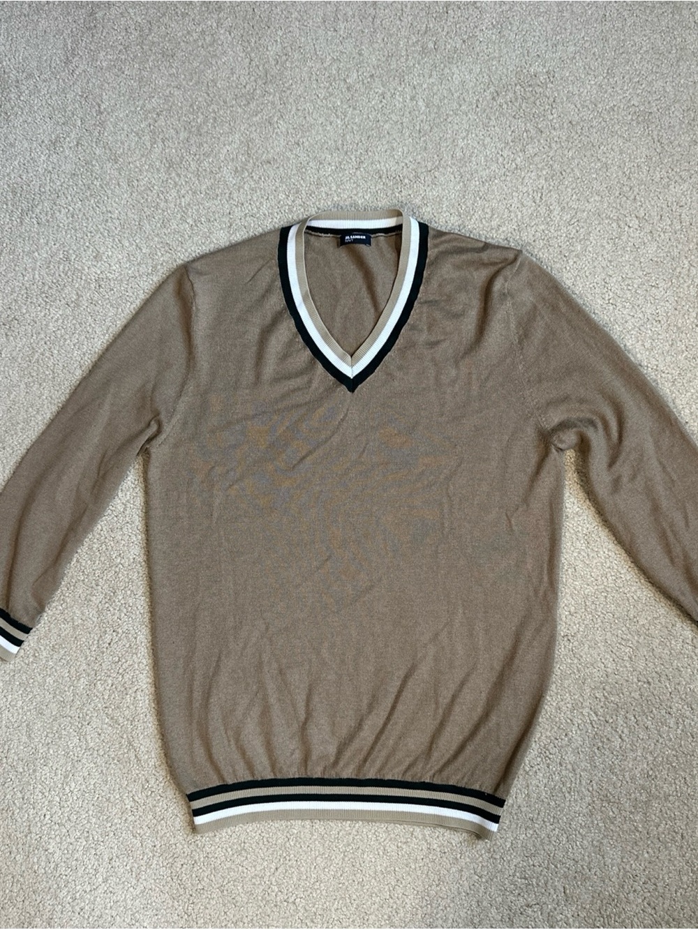 Jil Sander Navy - V-Neck Beige Silk & Cashmere Sweater with Blue and White Trim